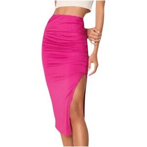 Superdown Tiffani Ruched Midi Skirt Pink High Slit Bodycon M